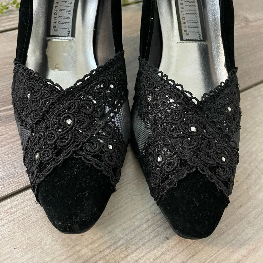 Vintage Black Velvet Kitten Heels Women’s 9 Lace Rhinestone Almond‎ Toe